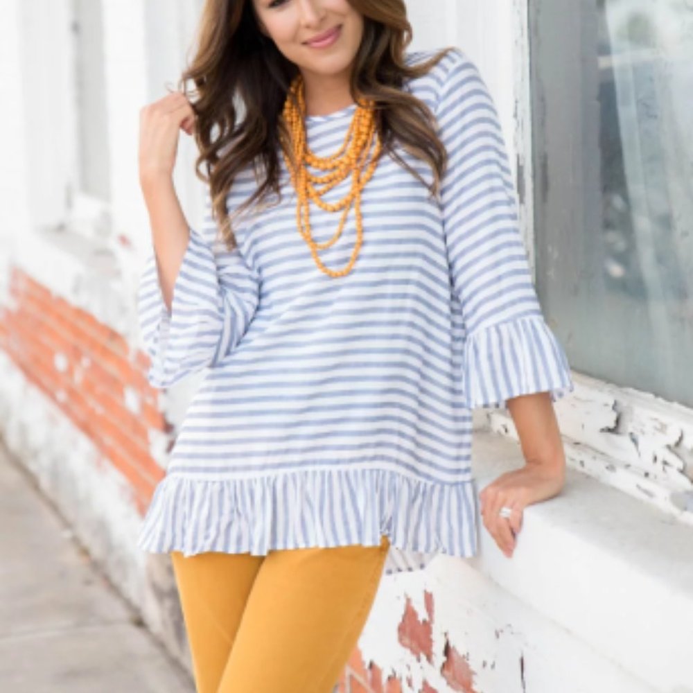 Blue Ruffle Flutter Blouse NWOT